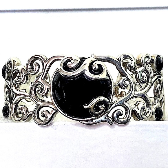 BARSE Black Onyx Cabochon Sterling Silver Scroll Filigree Cuff Bracelet MINT - Picture 15 of 15